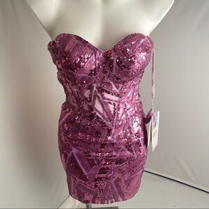 Mon Cheri Shorts lilac sequin strapless mini dress 2